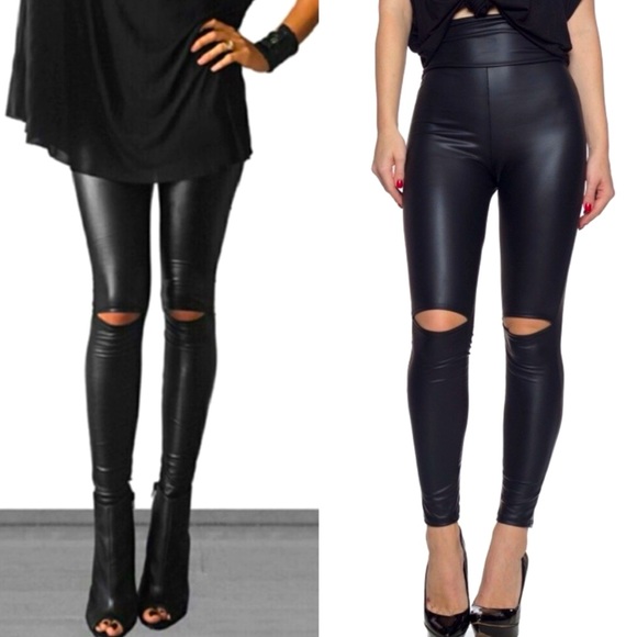 ✨JUST IN✨BLACK FAUX LEATHER KNEE CUT OUT SLICK LEGGINGS - Picture 8 of 15